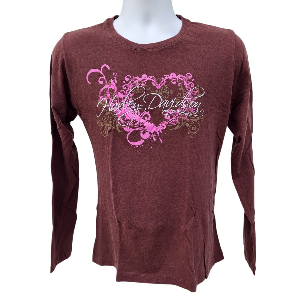Harley-Davidson Womens XL Long Sleeve Shirt Brown Pink Heart Graphic Bayside HD